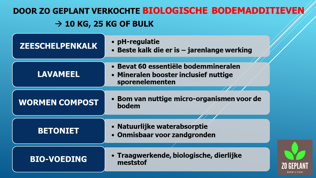 biologisch bodem verbetering zeeschelpenkalk lavameel betoniet wormen compost bio-meststoffen